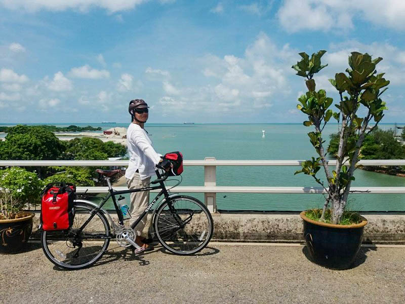 Right side of a Surly bike with a cyclist standing on the left side, on a bridge, with tropical waters in the background