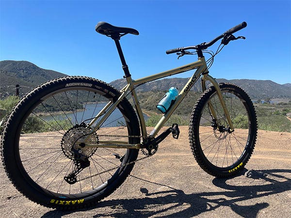 Colin's custom Surly Karate Monkey, Fool's Gold color outside on clear day