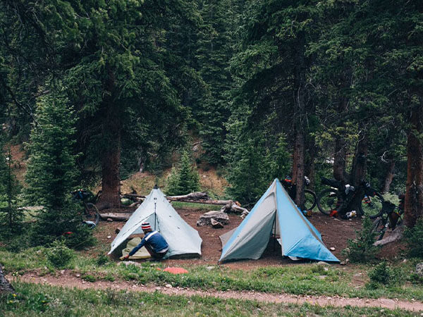 Two tents set-up side by side at campsite, person a door of tent, bikes parked against trees