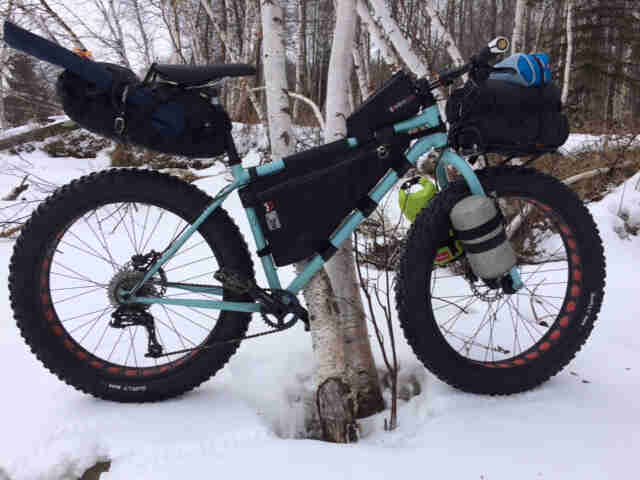 Right side view of a mint Surly Wednesday fat bike with gear packs, parked in the snow against a tree near the woods