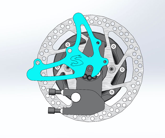 Illustrated profile of a axle plate, brake disc and brake caliper of a Surly Bridge Club bike 