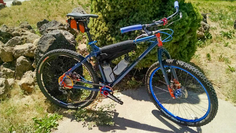 Downward right side view of a blue Surly bike in front of a bushy tree, with boulders in the background