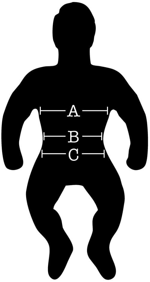 General clothing with measurements for (A) Chest, (B) Waist, (C) Hip