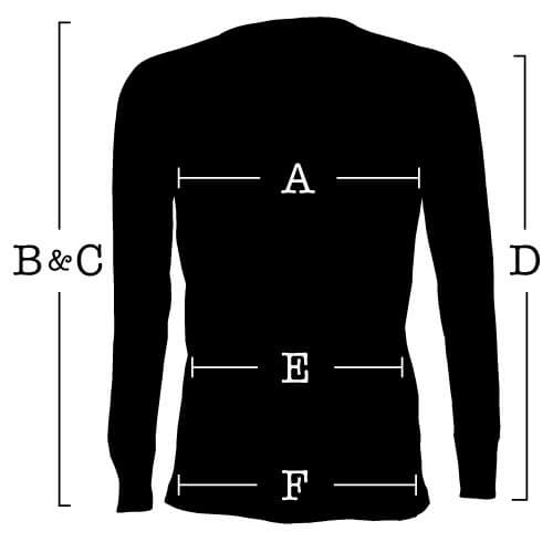 Raglan Shirt with measurements for (A) Chest, (B) Front length, (C) Back length, (D) Sleeve, (E) Waist, (F) Hip