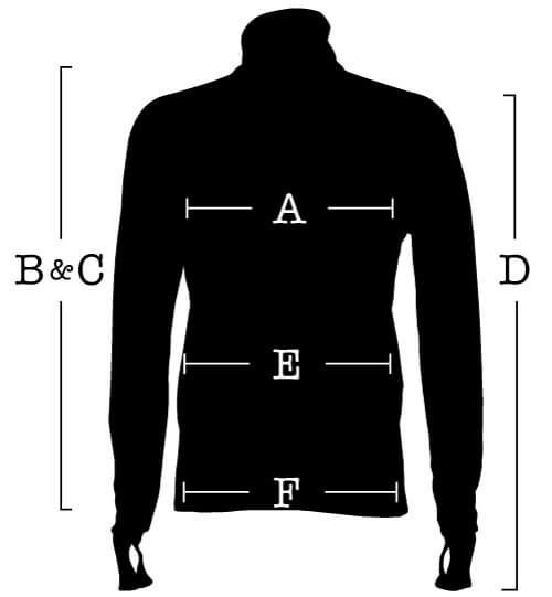 Long Sleeve Jersey with measurements for (A) Chest, (B) Front length, (C) Back length, (D) Sleeve, (E) Waist, (F) Hip