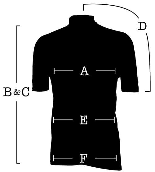 Short Sleeve Jersey with measurements for (A) Chest, (B) Front length, (C) Back length, (D) Sleeve