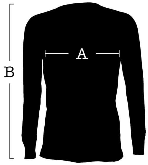 Long Sleeve T-Shirt with measurements for (A) Chest, (B) Sleeve