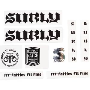 Surly Born To Loose Decal Set, Black, sheet showing fork, chainstay, seat tube, down tube decals and head badge