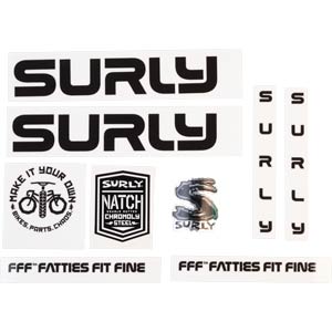 Surly Intergalactic Decal Set, Black, sheet showing fork, chainstay, seat tube, down tube decals and head badge