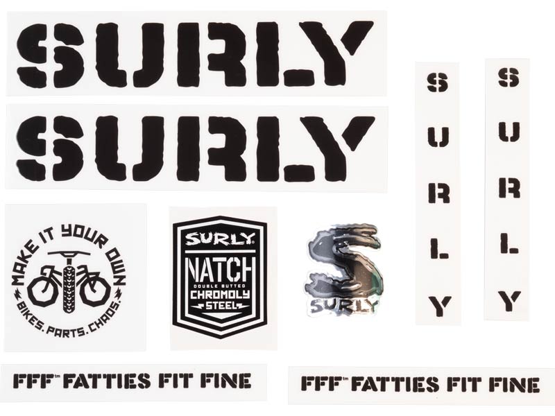 Surly Overspray Decal Set, Black, sheet showing fork, chainstay, seat tube, down tube decals and head badge