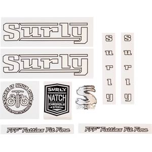 Surly Pacer Decal Set, White, sheet showing fork, chainstay, seat tube, down tube decals and head badge