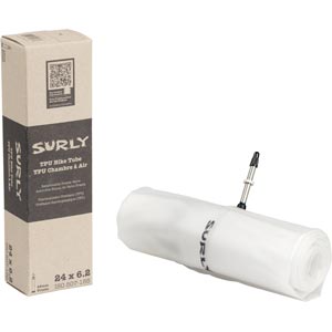 Surly TPU Tube package and tube rolled up on white background